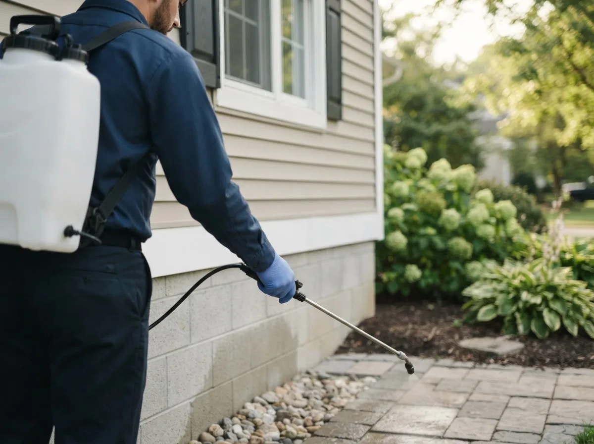 Pest control technician inspecting a home in Henlawson, WV
